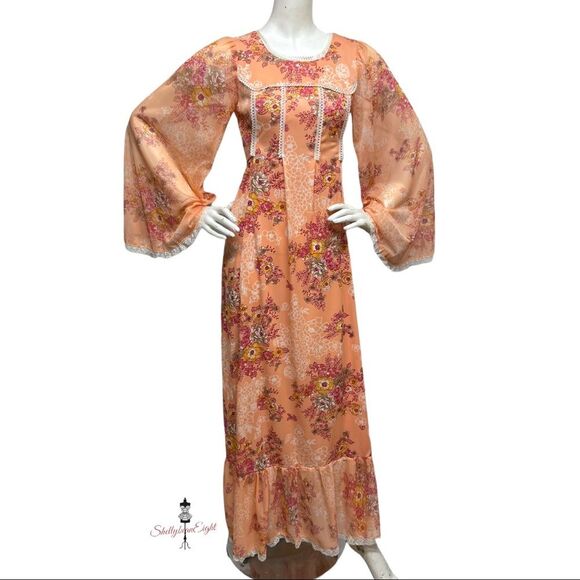 Vintage 70s Peach Floral Lace Trim Maxi Dress Goddess Cottage Core Gown XS S 2 4 - Picture 5 of 16